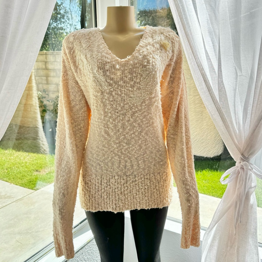1990s Vintage Oriana Italia Blush Knit Sweater Size S Small Beaded - Picture 2 of 8